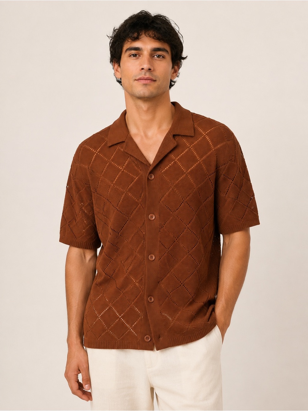 Rust Brown Knit Short-Sleeve Button-Down Shirt